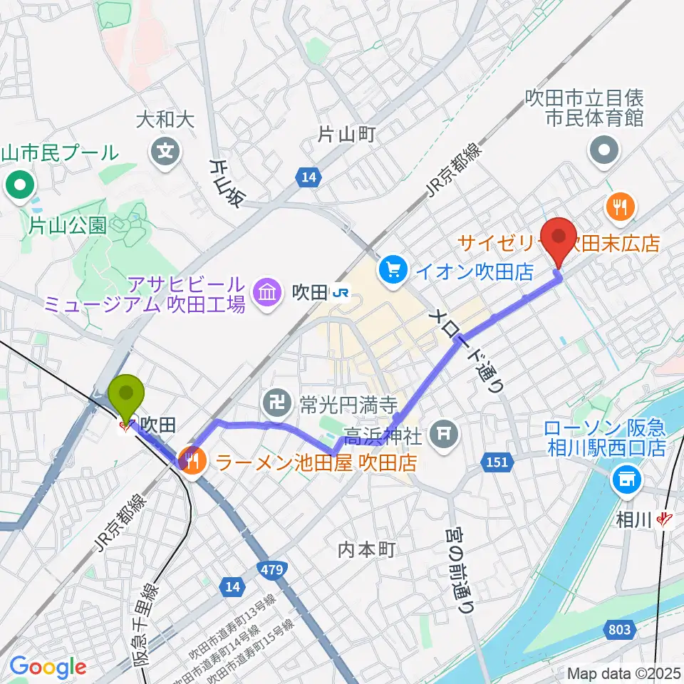 吹田駅からスクープクリエイションワークスへのルートマップ地図