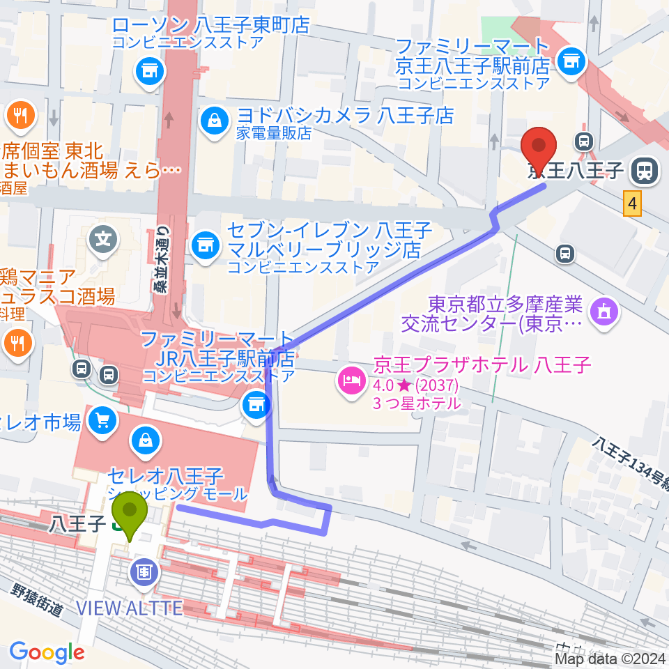 八王子駅から下倉楽器 八王子店へのルートマップ地図