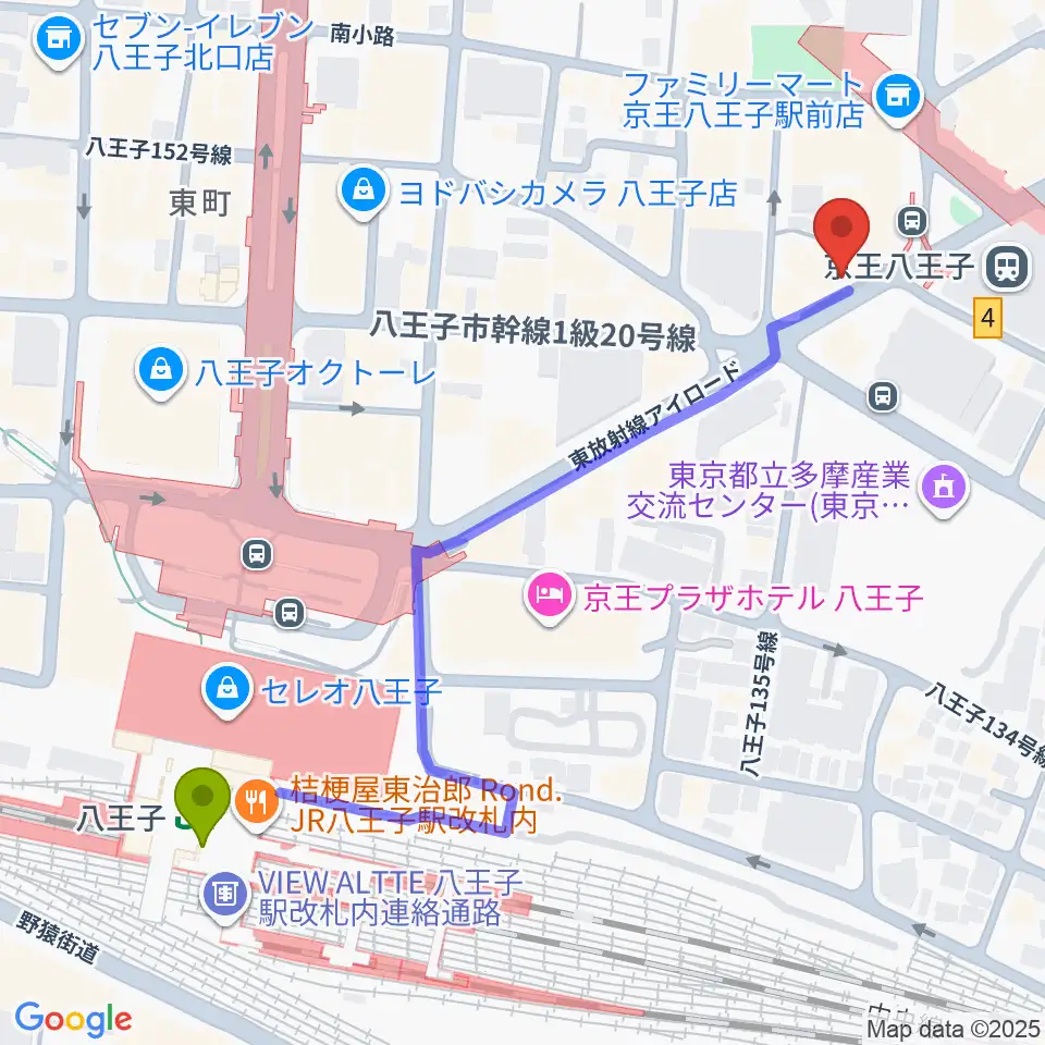 八王子駅から下倉楽器 八王子店へのルートマップ地図