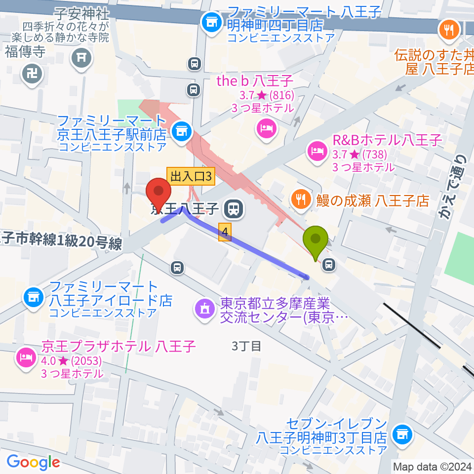 下倉楽器 八王子店の最寄駅京王八王子駅からの徒歩ルート（約3分）地図