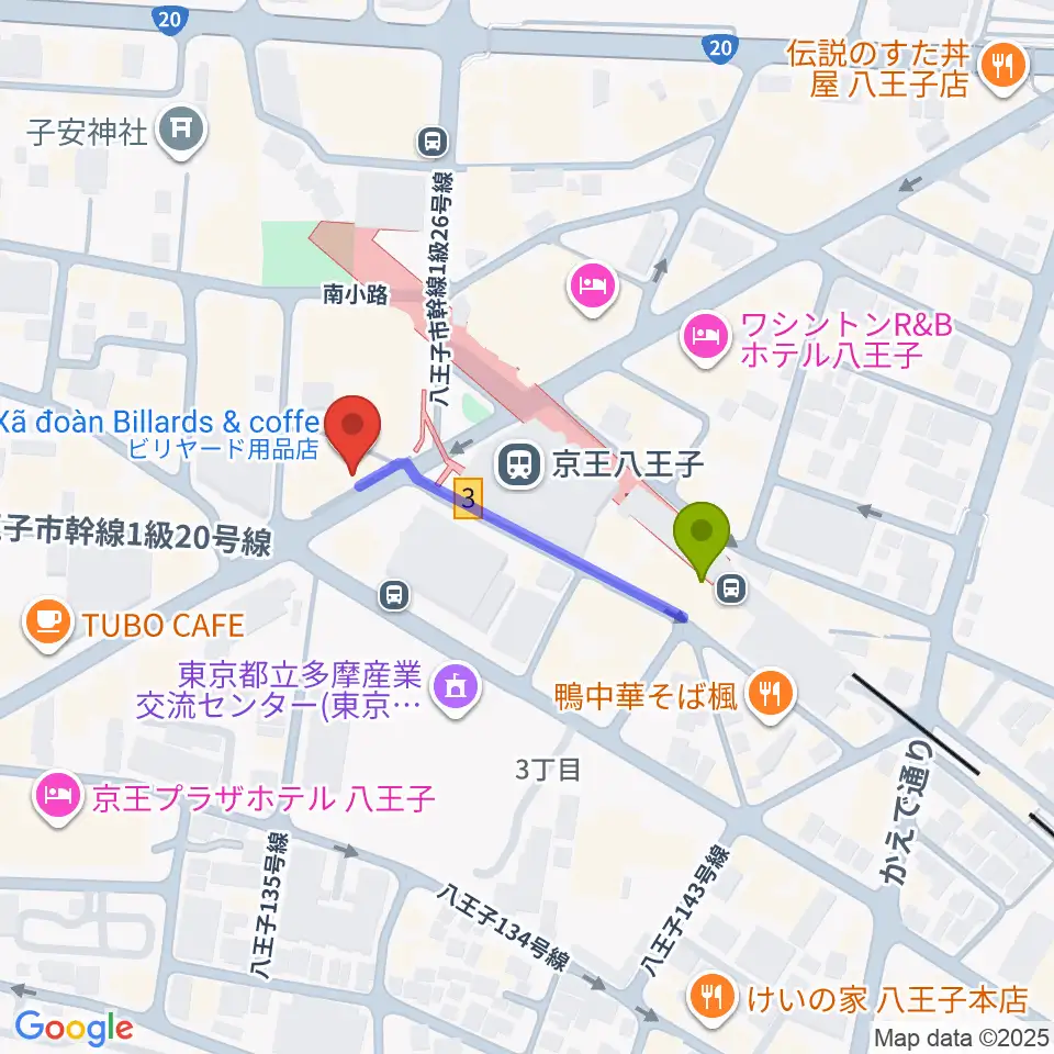 下倉楽器 八王子店の最寄駅京王八王子駅からの徒歩ルート（約3分）地図