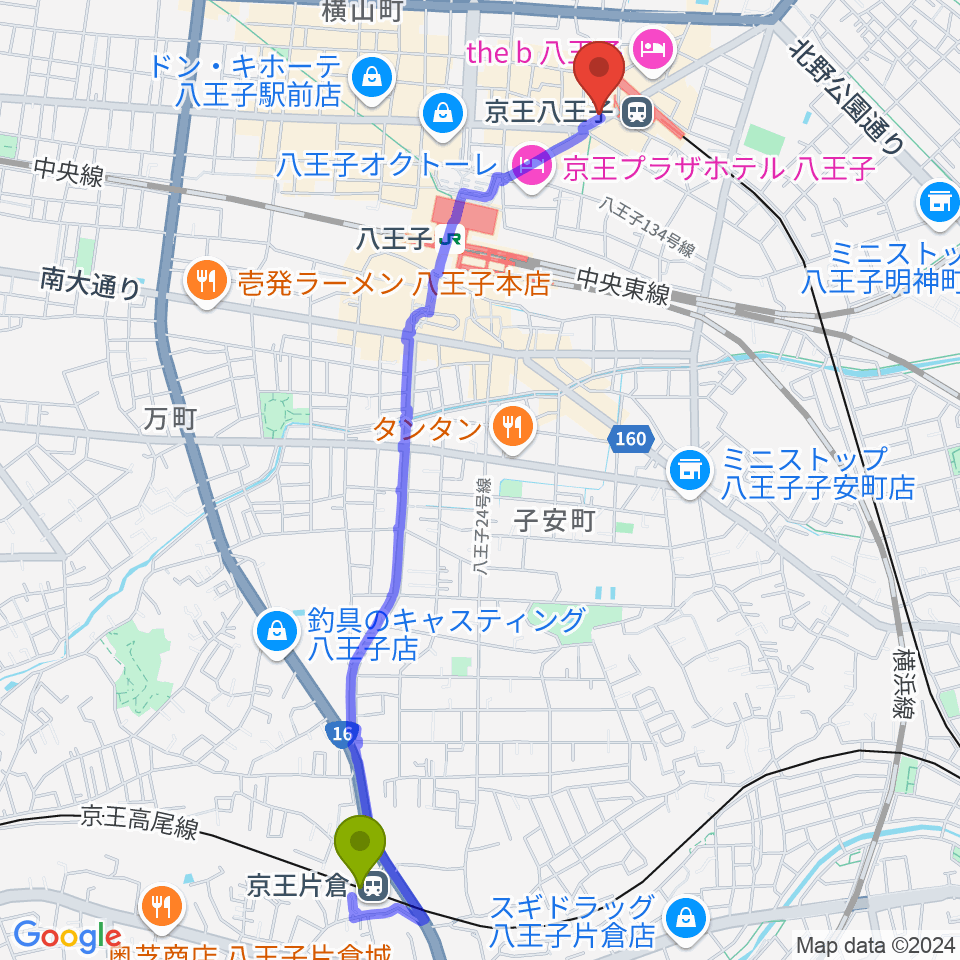 京王片倉駅から下倉楽器 八王子店へのルートマップ地図