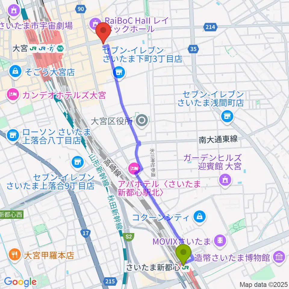 さいたま新都心駅から下倉楽器 大宮店へのルートマップ地図