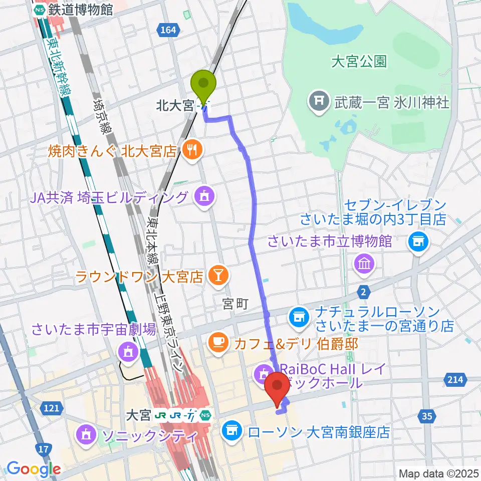 北大宮駅から下倉楽器 大宮店へのルートマップ地図