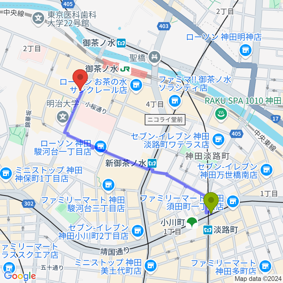 淡路町駅からシモクラセカンドハンズ Part1へのルートマップ地図