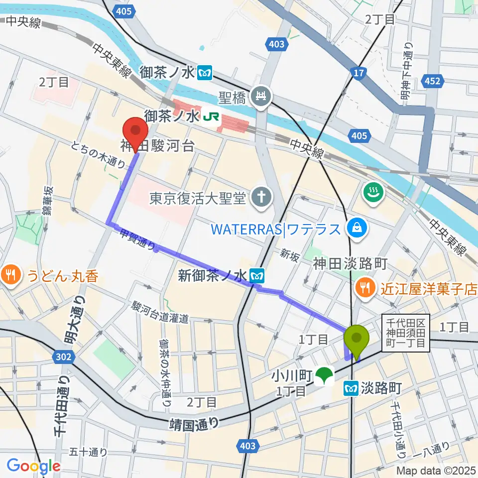 淡路町駅からシモクラセカンドハンズ Part1へのルートマップ地図