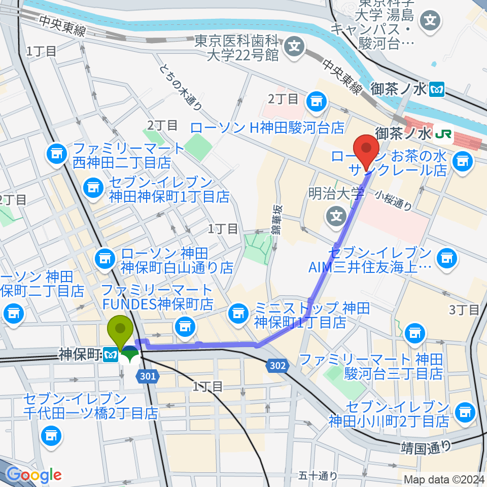 神保町駅からシモクラセカンドハンズ Part1へのルートマップ地図