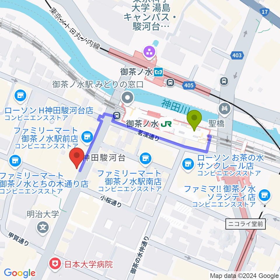 下倉バイオリンの最寄駅御茶ノ水駅からの徒歩ルート（約3分）地図