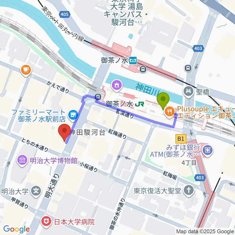 下倉バイオリンの最寄駅御茶ノ水駅からの徒歩ルート（約3分）地図