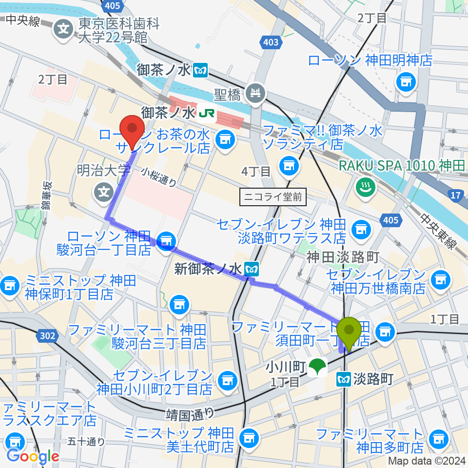 淡路町駅から下倉バイオリンへのルートマップ地図