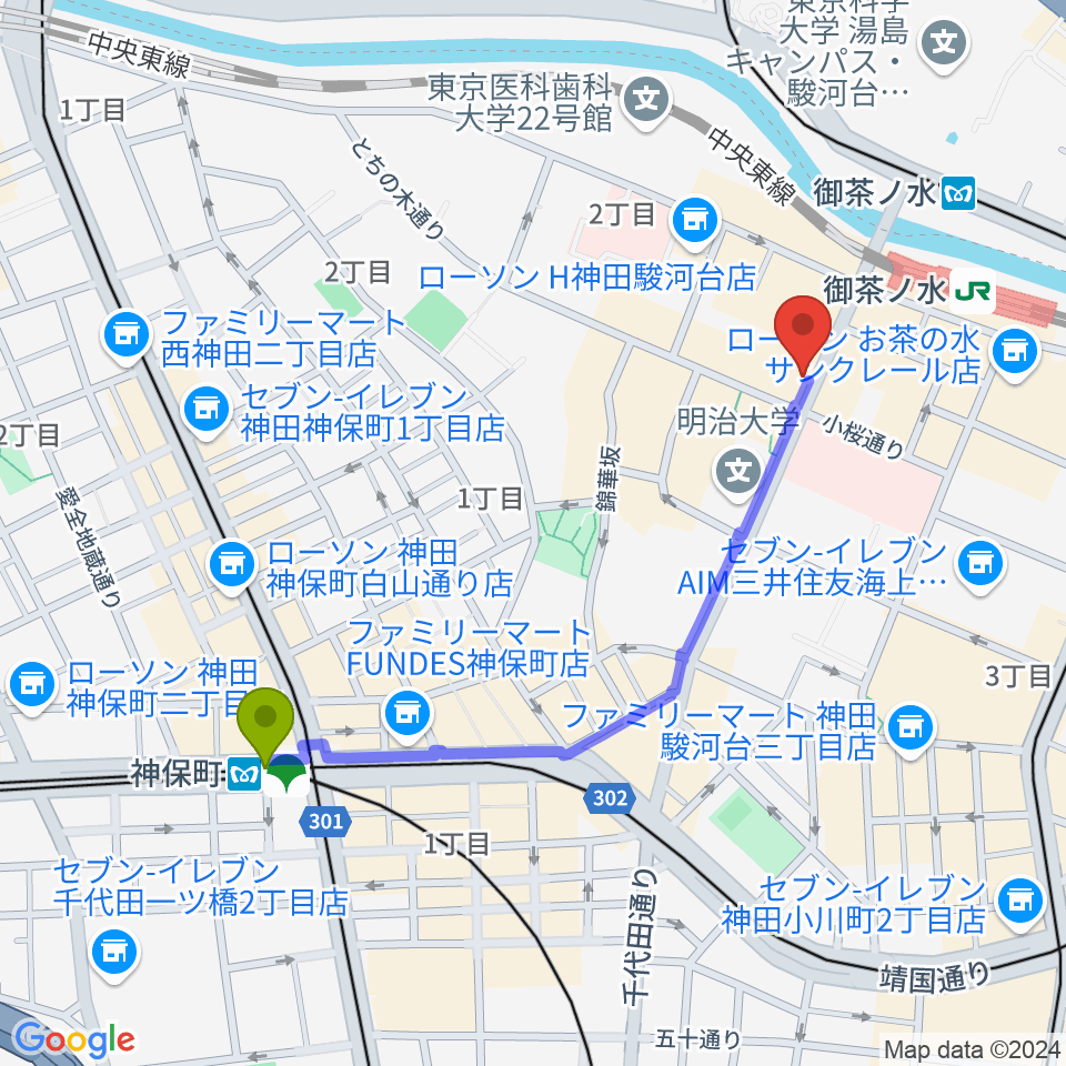 神保町駅から下倉バイオリンへのルートマップ地図