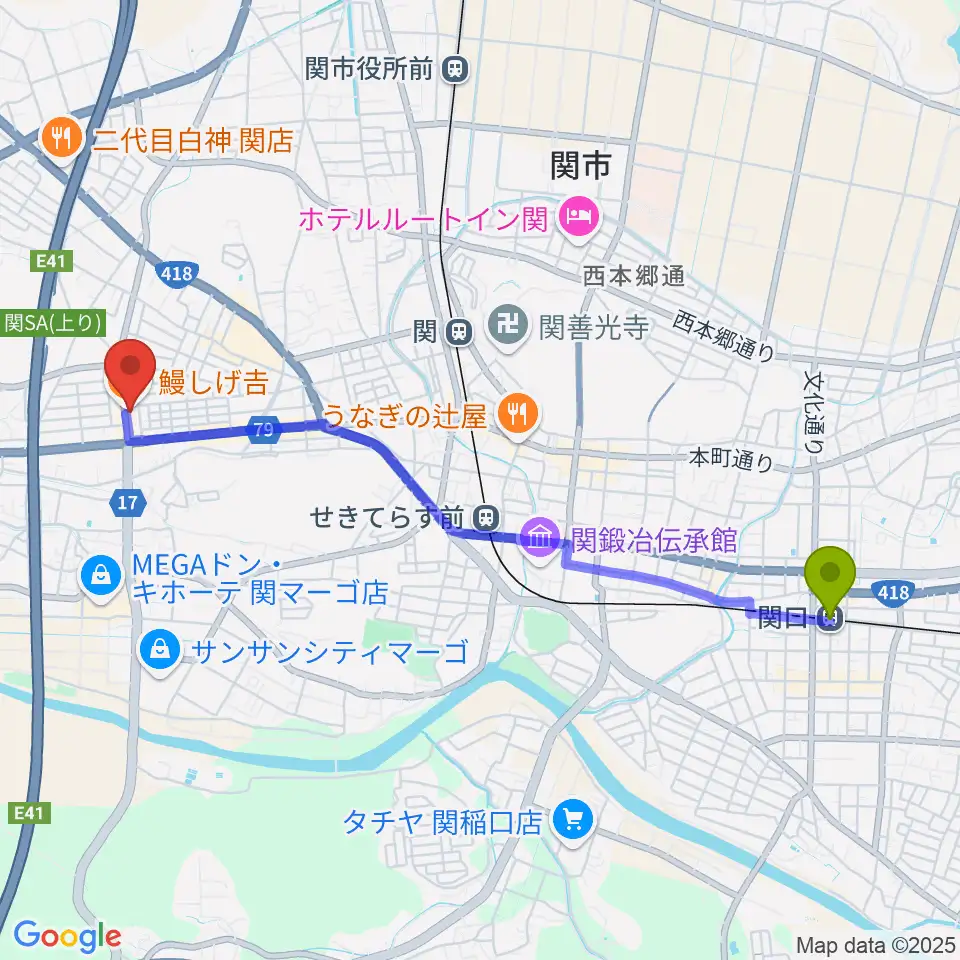 関口駅からシノダ楽器へのルートマップ地図