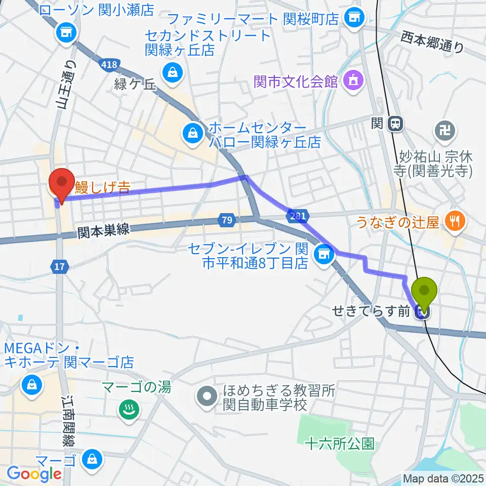 せきてらす前駅からシノダ楽器へのルートマップ地図