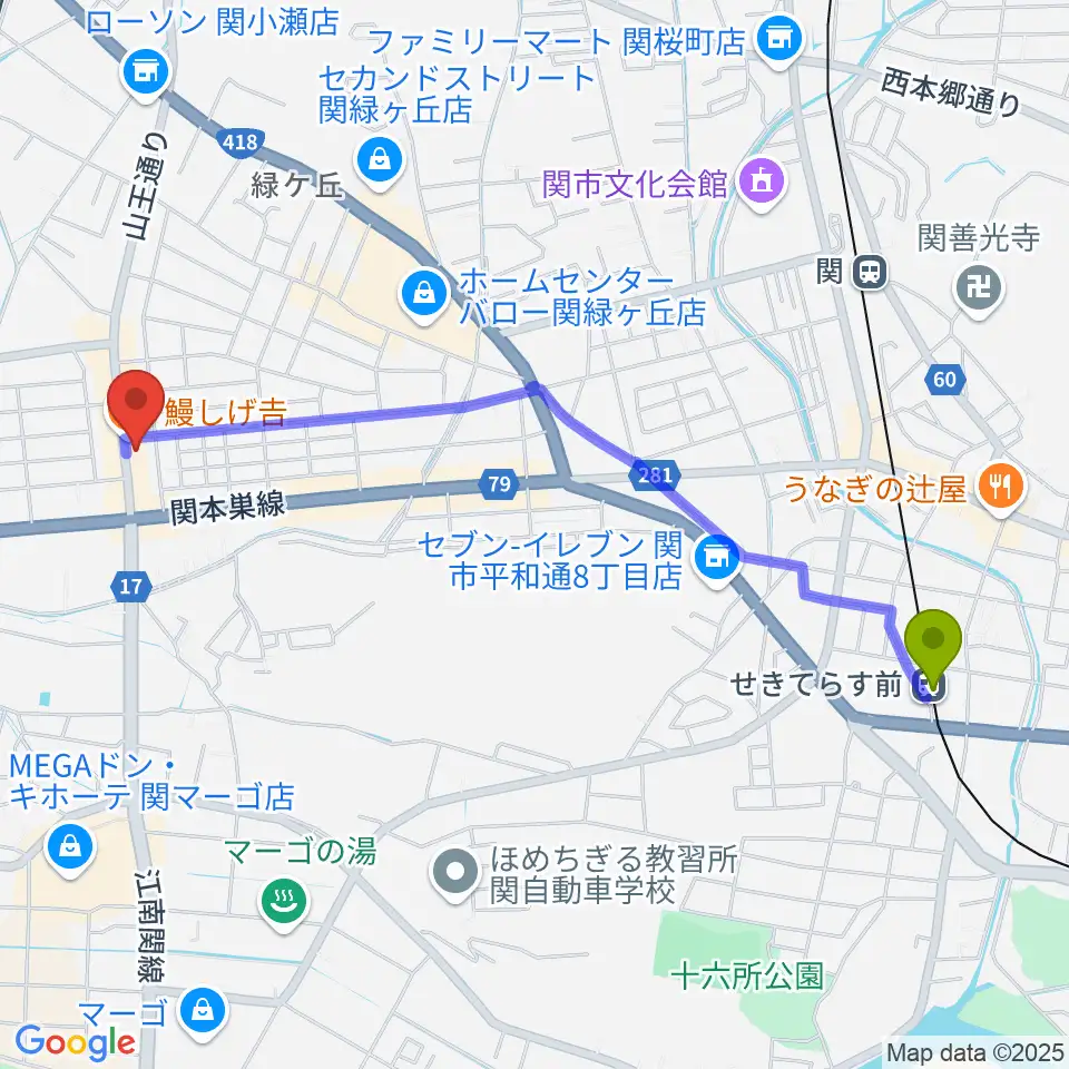 せきてらす前駅からシノダ楽器へのルートマップ地図