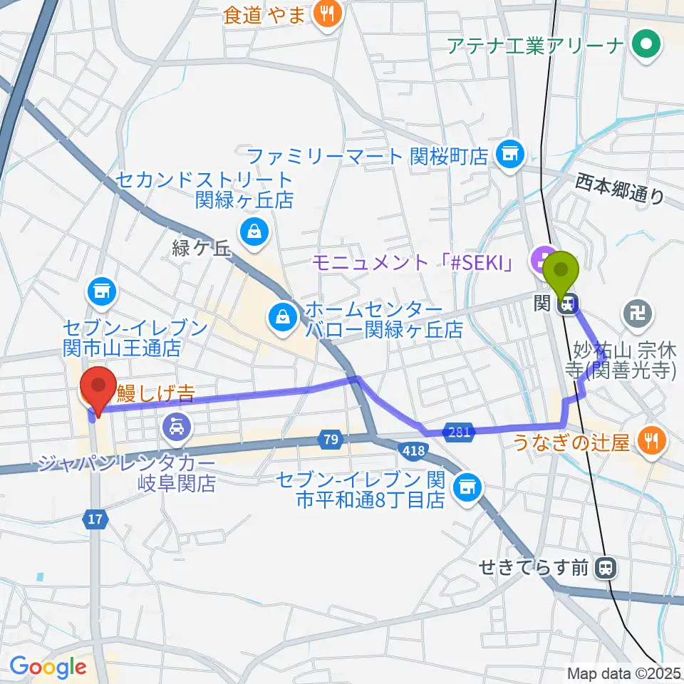 シノダ楽器の最寄駅関駅からの徒歩ルート（約22分）地図