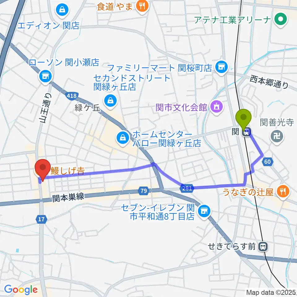 シノダ楽器の最寄駅関駅からの徒歩ルート（約22分）地図