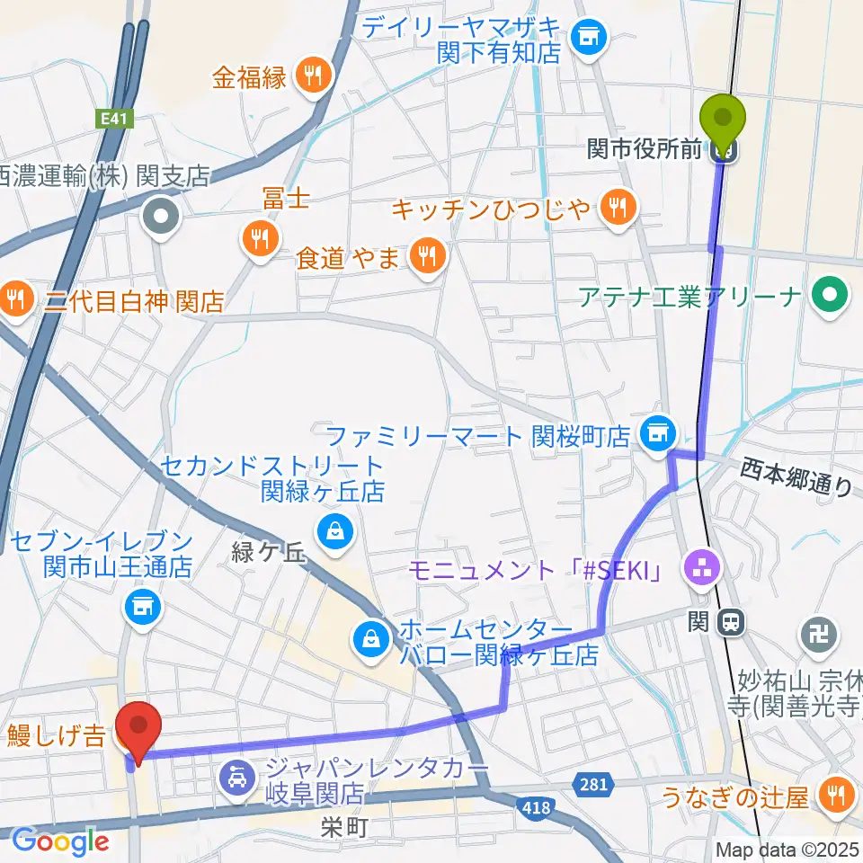 関市役所前駅からシノダ楽器へのルートマップ地図