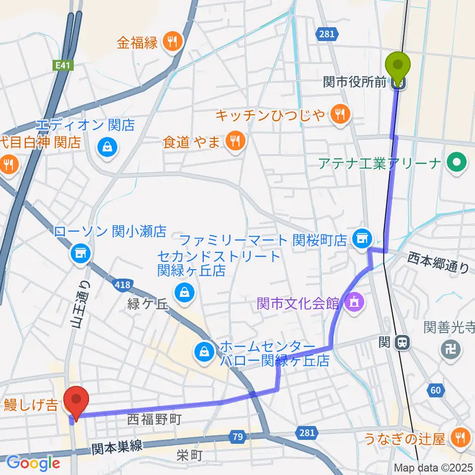 関市役所前駅からシノダ楽器へのルートマップ地図