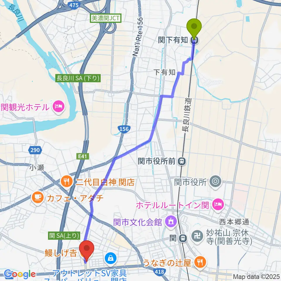 関下有知駅からシノダ楽器へのルートマップ地図