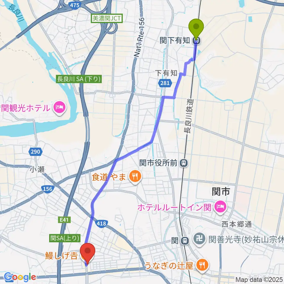 関下有知駅からシノダ楽器へのルートマップ地図
