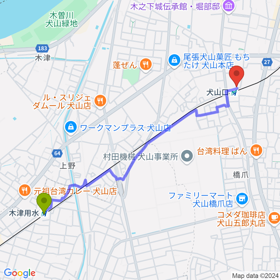 木津用水駅から真和楽器へのルートマップ地図