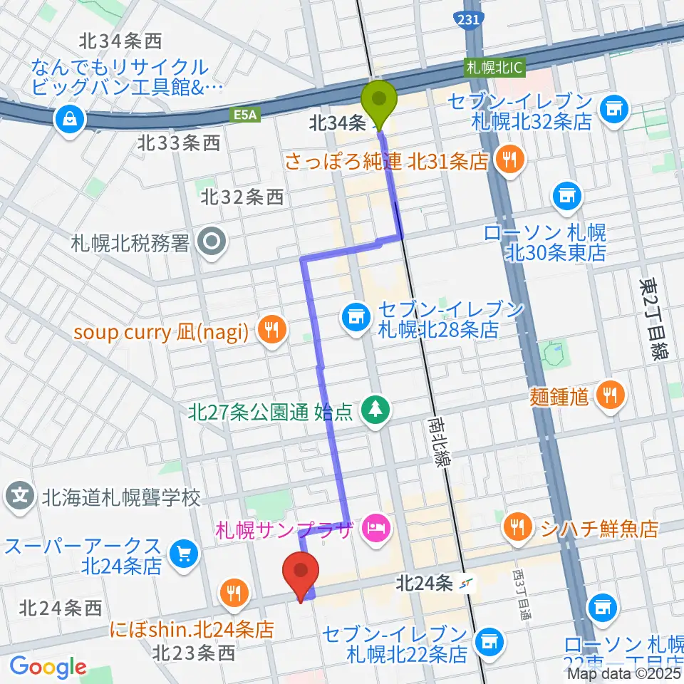 北３４条駅からジングルへのルートマップ地図