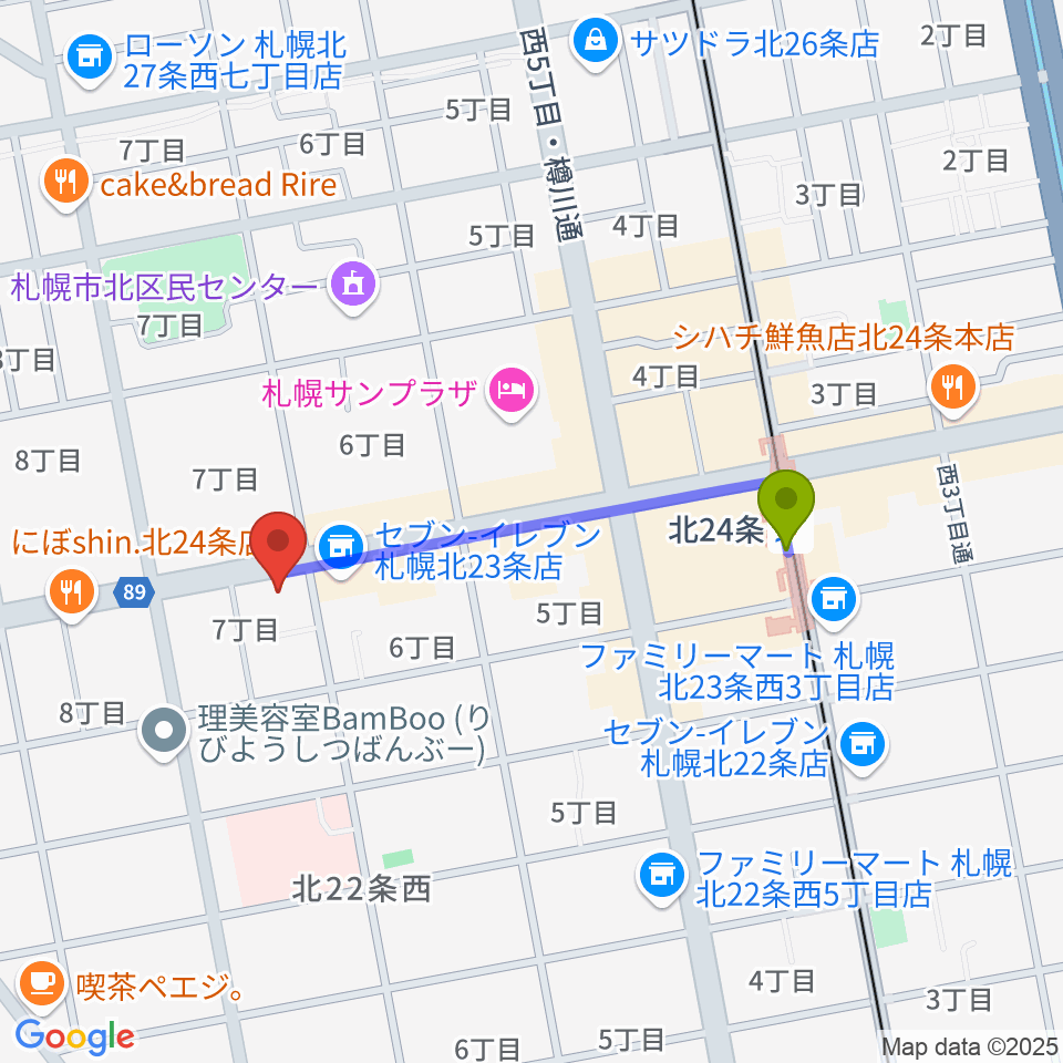 ジングルの最寄駅北２４条駅からの徒歩ルート（約7分）地図