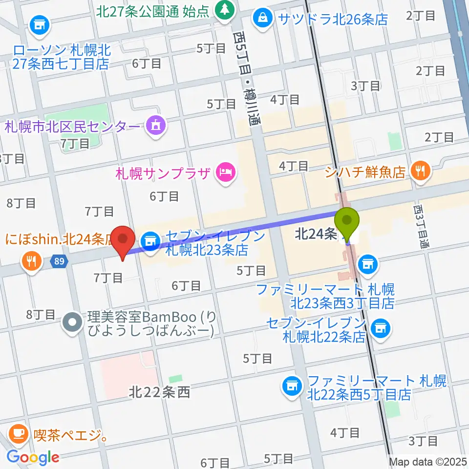 ジングルの最寄駅北２４条駅からの徒歩ルート（約7分）地図