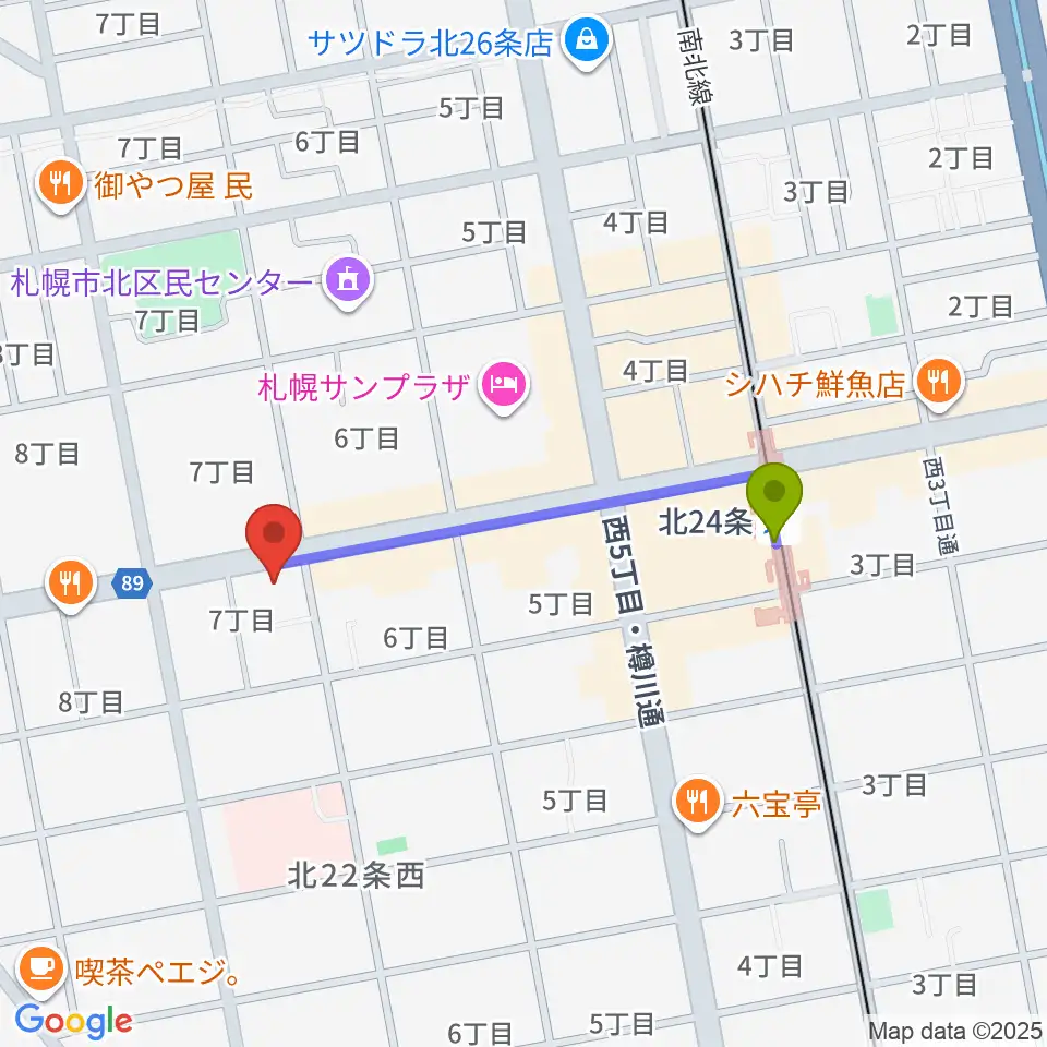 ジングルの最寄駅北２４条駅からの徒歩ルート（約7分）地図