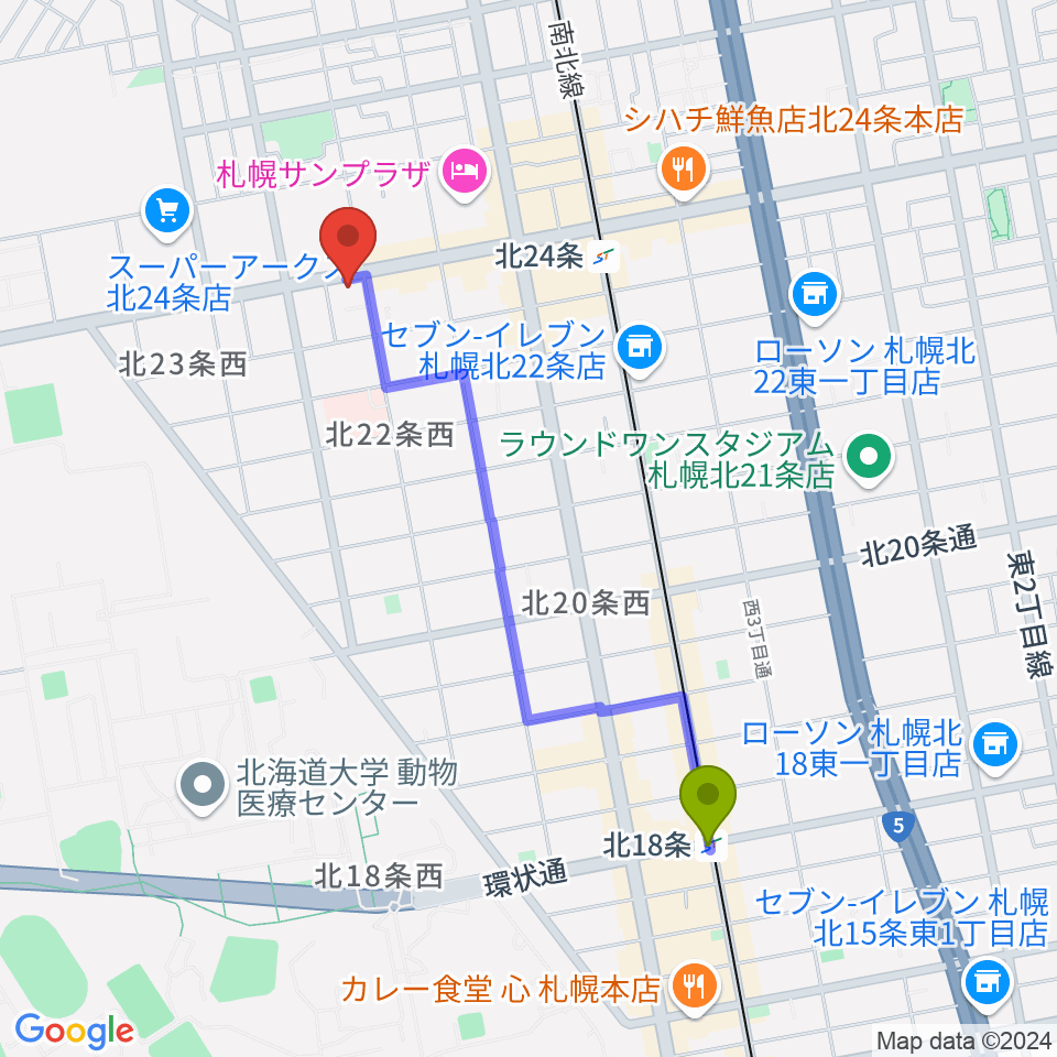 北１８条駅からジングルへのルートマップ地図