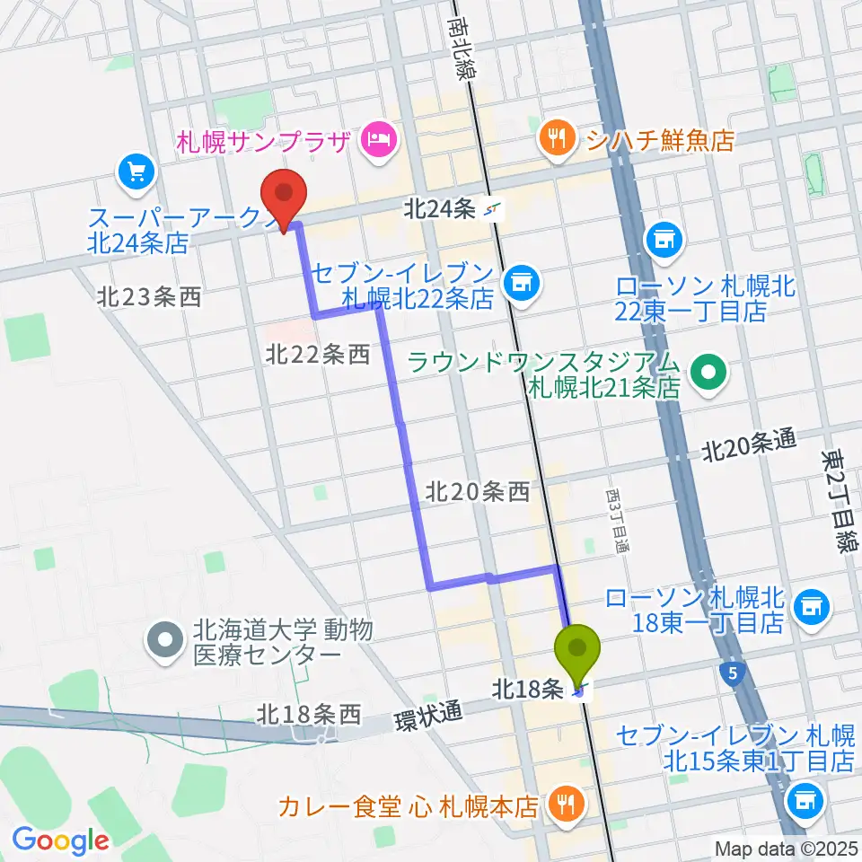 北１８条駅からジングルへのルートマップ地図