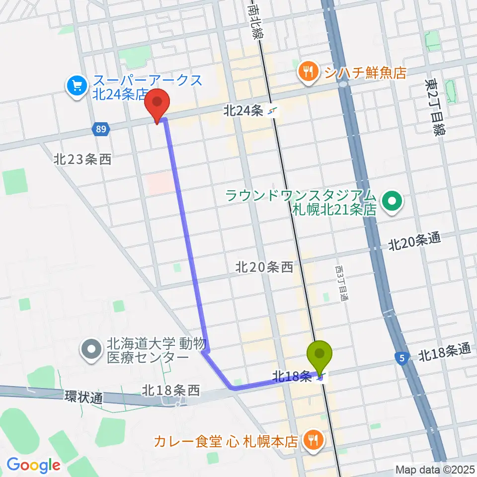 北１８条駅からジングルへのルートマップ地図