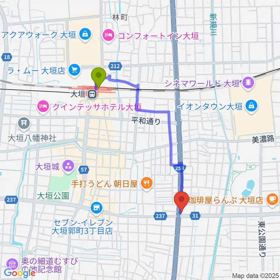 松栄楽器 大垣本店の最寄駅大垣駅からの徒歩ルート（約17分）地図