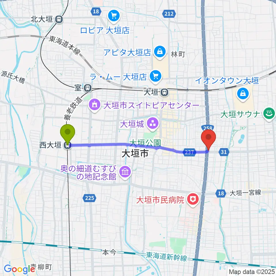 西大垣駅から松栄楽器 大垣本店へのルートマップ地図