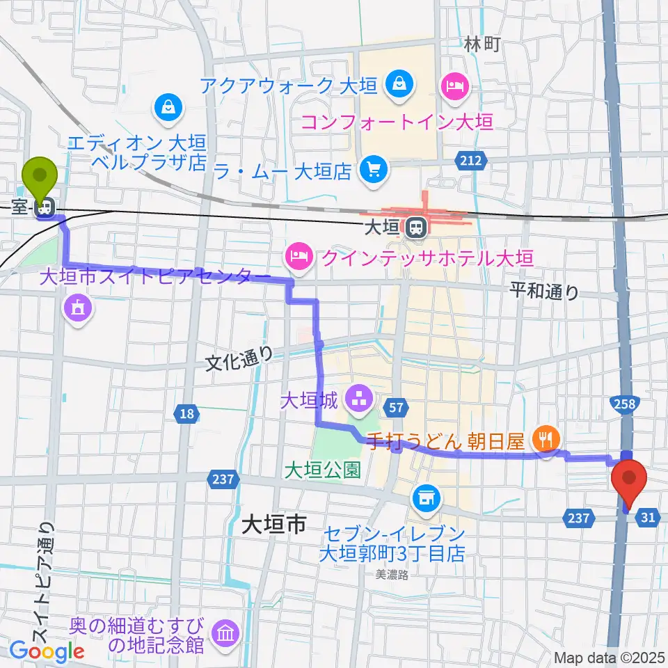 室駅から松栄楽器 大垣本店へのルートマップ地図