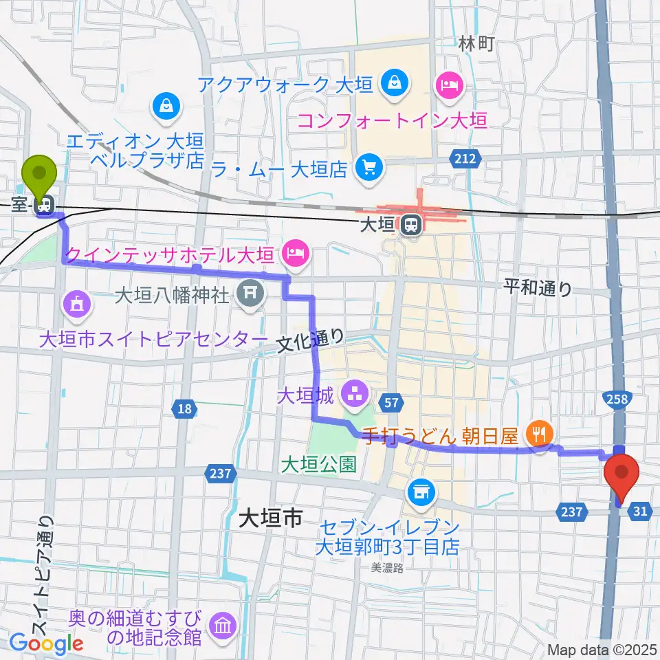 室駅から松栄楽器 大垣本店へのルートマップ地図