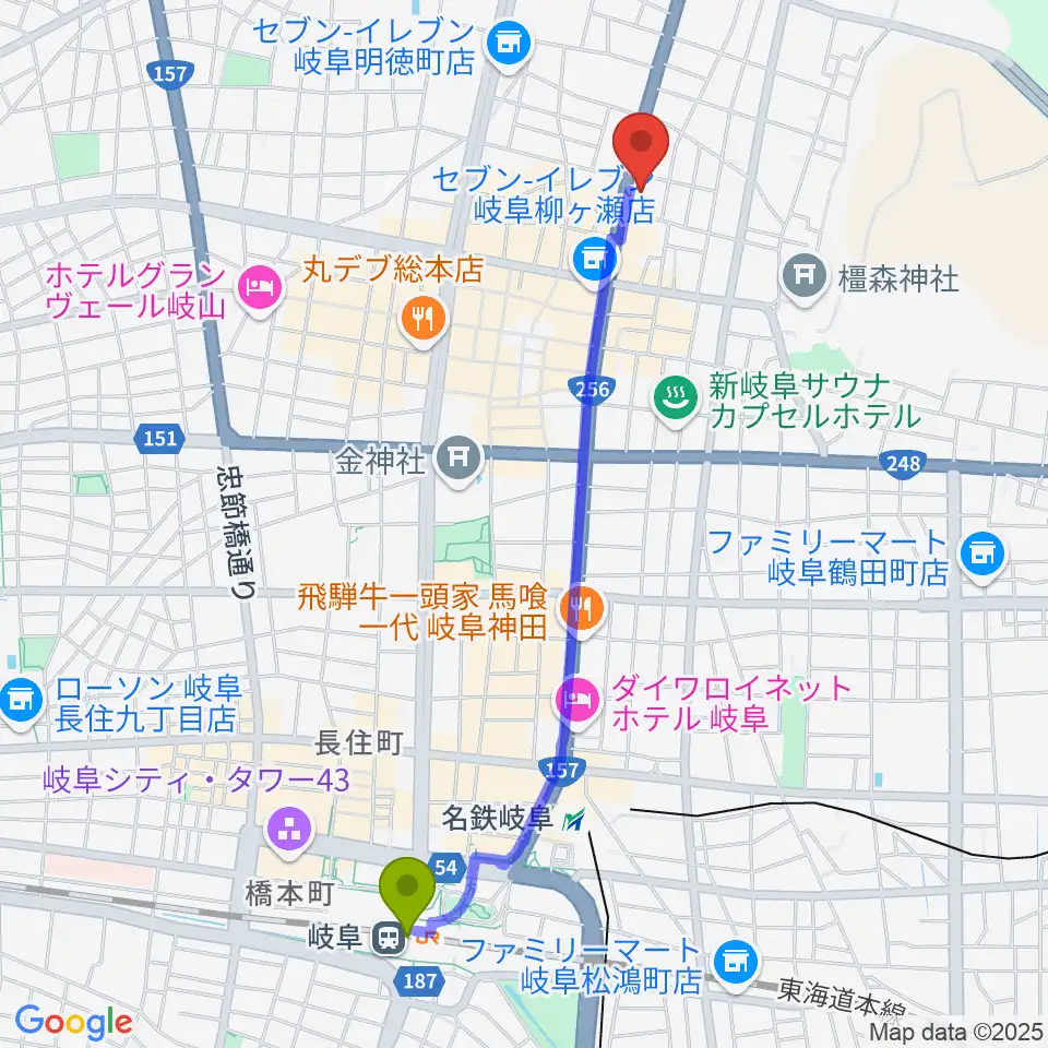 岐阜駅から松栄堂楽器 本店へのルートマップ地図