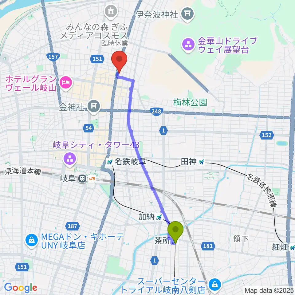 茶所駅から松栄堂楽器 本店へのルートマップ地図