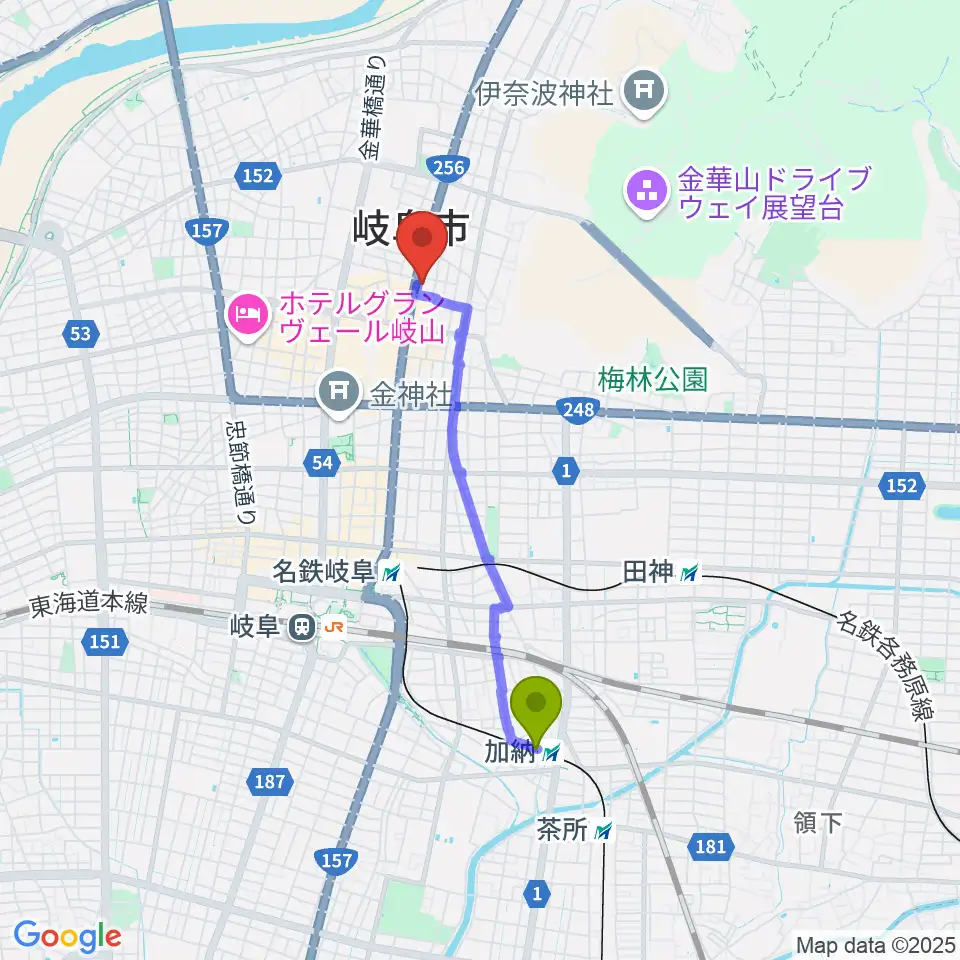 加納駅から松栄堂楽器 本店へのルートマップ地図