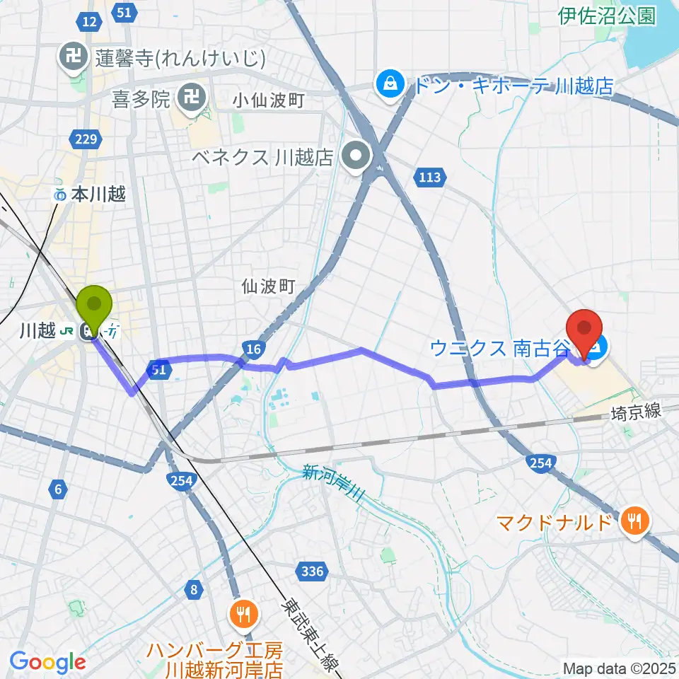 川越駅から昭和楽器 川越店へのルートマップ地図