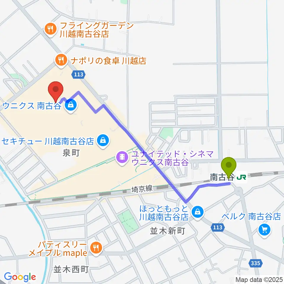 南古谷駅から昭和楽器 川越店へのルートマップ地図