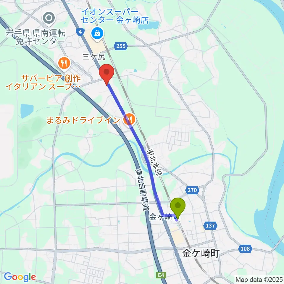 金ケ崎駅から正時堂ピアノ壱番館へのルートマップ地図