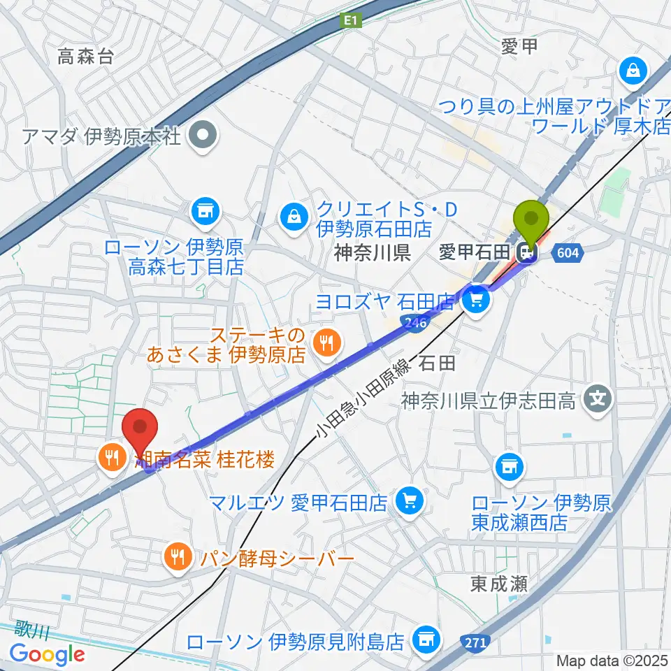 Sound Loftの最寄駅愛甲石田駅からの徒歩ルート（約21分）地図