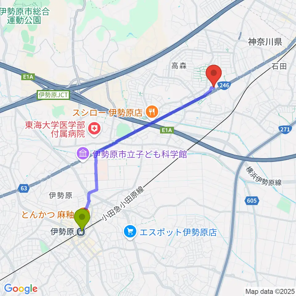 伊勢原駅からSound Loftへのルートマップ地図