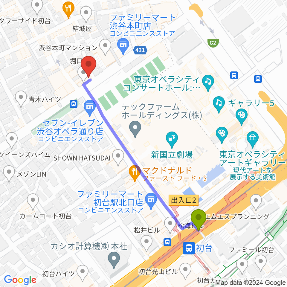 レオミュージックの最寄駅初台駅からの徒歩ルート（約5分）地図