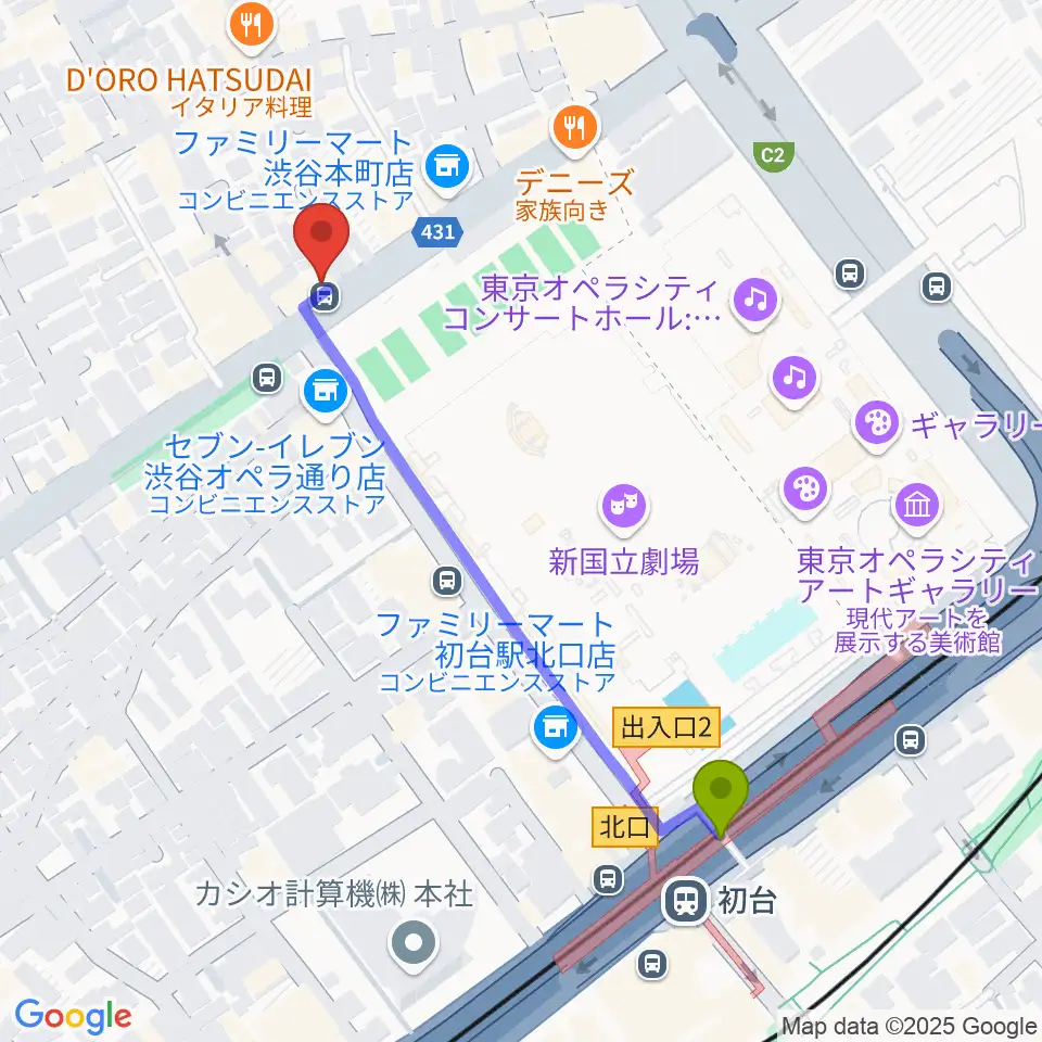 レオミュージックの最寄駅初台駅からの徒歩ルート（約5分）地図