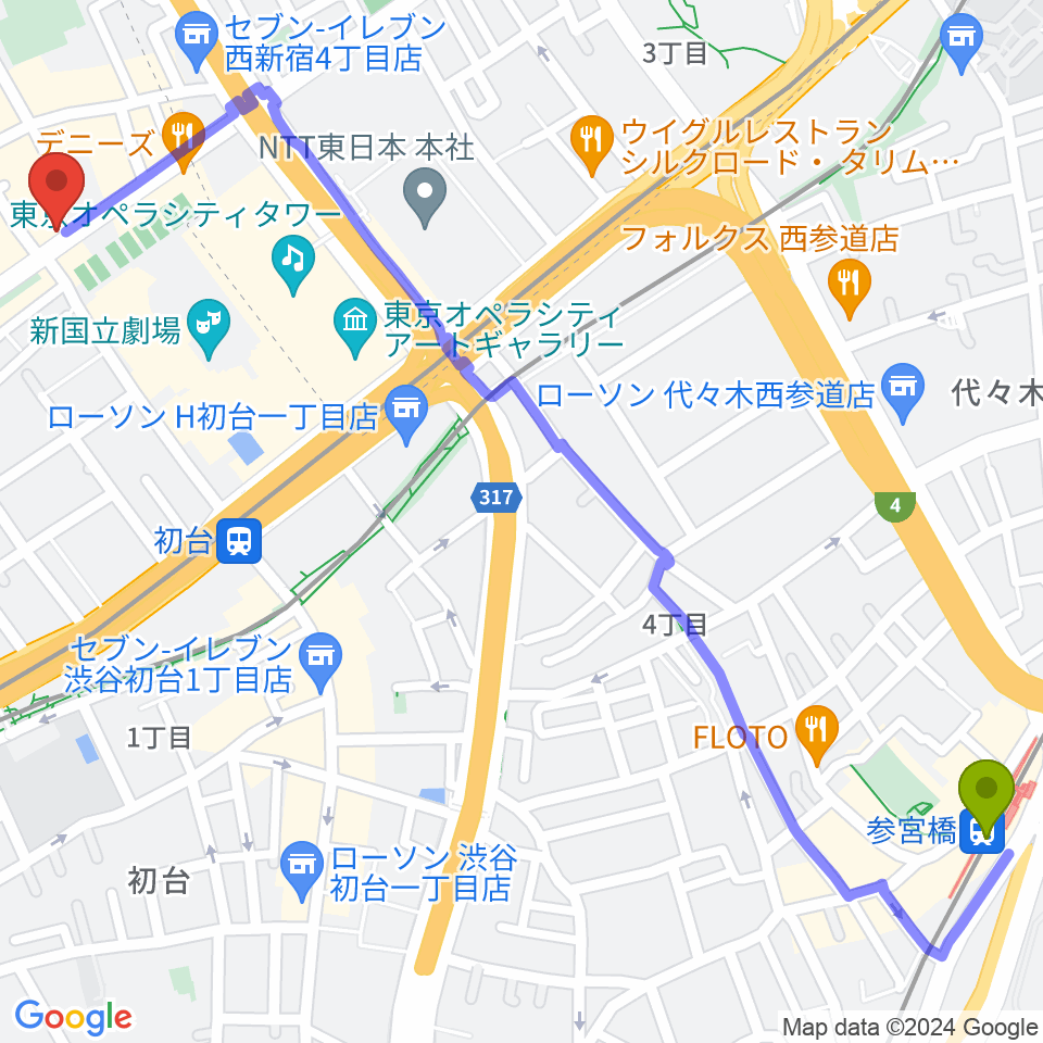 参宮橋駅からレオミュージックへのルートマップ地図