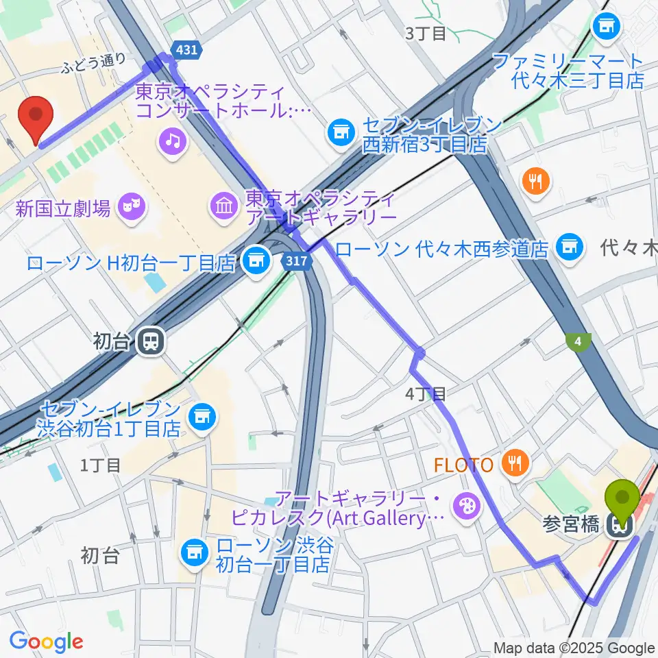 参宮橋駅からレオミュージックへのルートマップ地図
