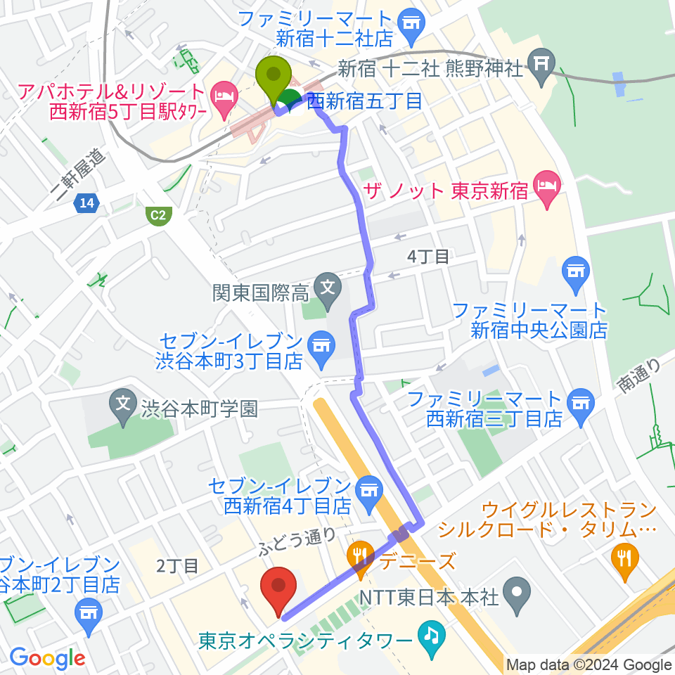 西新宿五丁目駅からレオミュージックへのルートマップ地図