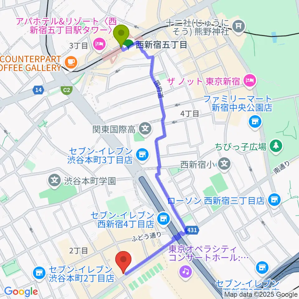 西新宿五丁目駅からレオミュージックへのルートマップ地図